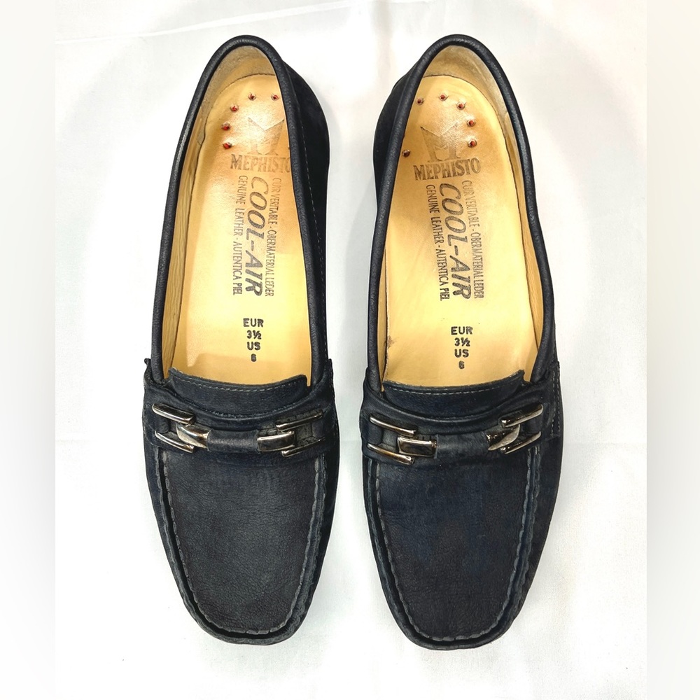 Mephisto women’s black suede & leather Cool-Air slip ons/flats/loafers, size 6